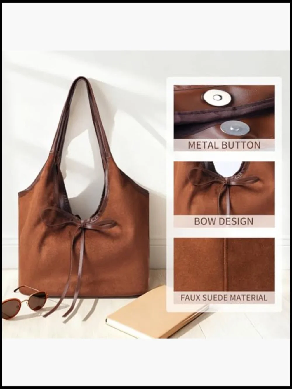 Vintage Suede Bow Tote Bag Slouchy Shoulder Hobo Satchel Purse Large Capacity - Picture 4 of 7